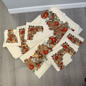 Vintage Sunweave Linen Co Cotton Tablecloth & 6 Napkin Thanksgiving Fall Holiday